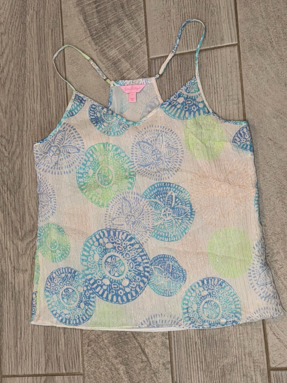 Lilly Pulitzer Dusk Metallic Silk Tank Top Sand Dollar Size Large